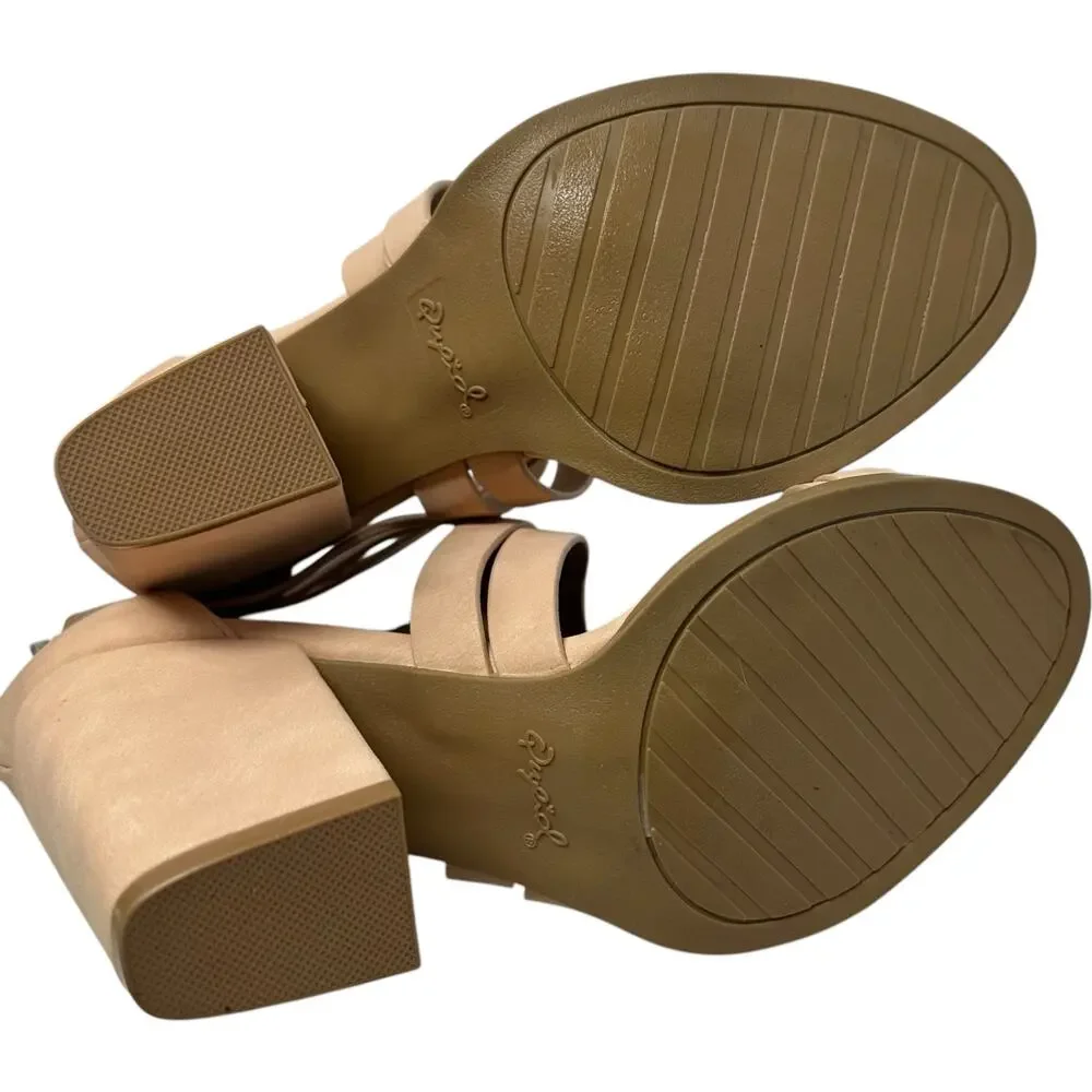 Qupid‎ Strappy Block Heel Sandal 7.5 Nude Tan Crossover Ankle Strap Chunky Boho